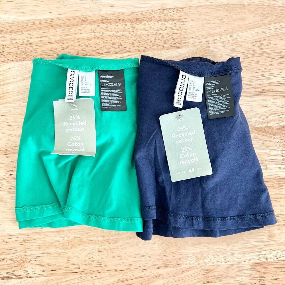 NWT H&M DIVIDED Bundle Navy Blue & Kelly Green Jersey Knit Mini Skirts Sz Small